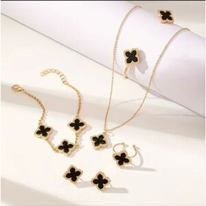 Black Clover Motifs Set of Bracelet Earrings Ring & Necklace